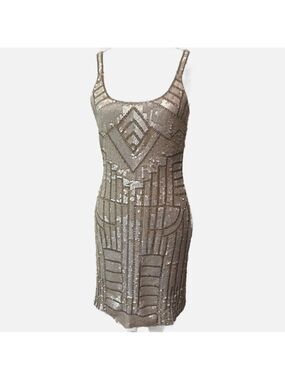 Adrienne Papell Sequin Midi Dress Sleeveless Lined 4 Tan Cocktail Party Wedding